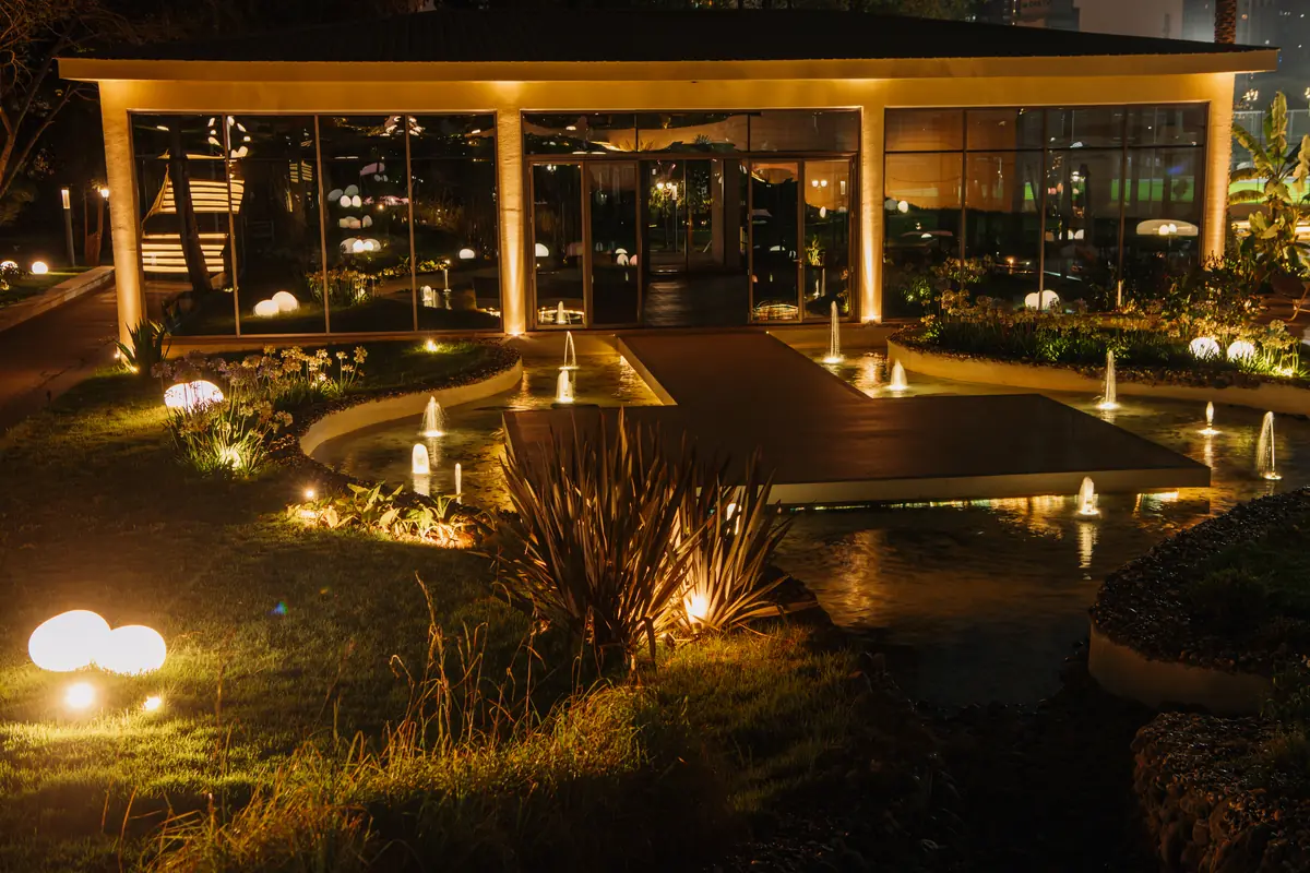Minab entrance and water feature at night